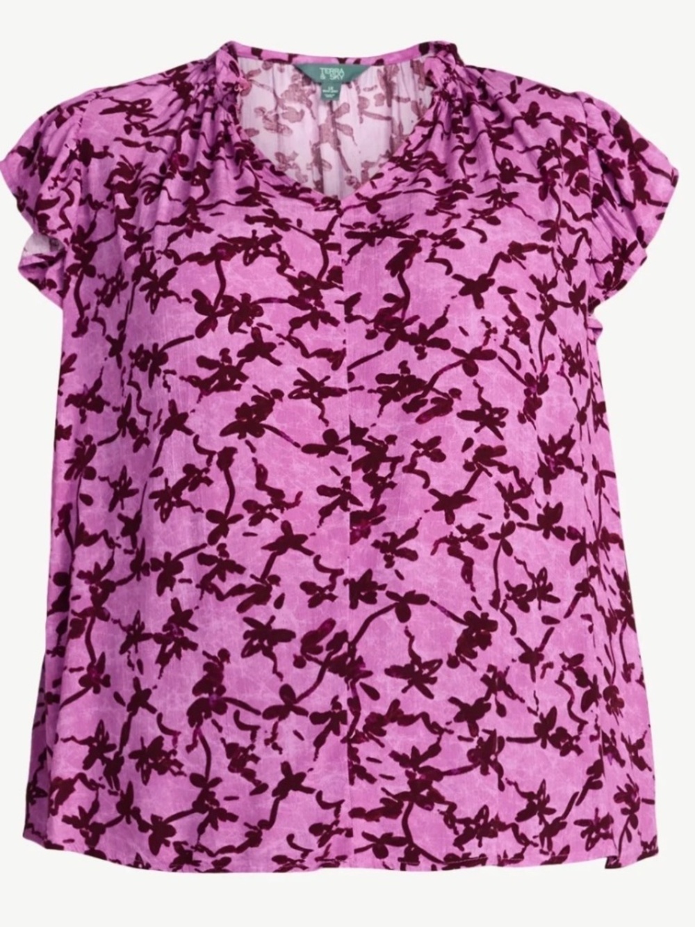 Terra & Sky Women's Plus Size 1X Flutter Sleeve Blouse Radiant Floral